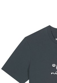 Donkergrijze T-shirt met korte mouwen, gemaakt van zachte katoen, met witte grafische tekst op de voorkant en een klassieke ronde hals.