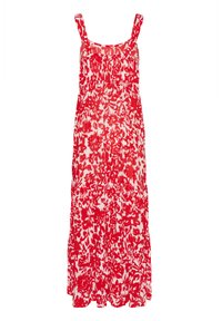 Robe maxi rouge à fleurs avec un décolleté carré, des bretelles fines et un design fluide. Fabriquée en tissu léger avec un motif texturé.