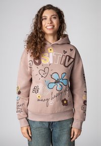 Hoodie in zacht beige met kleurrijke bloemen- en tekstgraphics, met een relaxte pasvorm en geribde manchet aan de mouwen en onderkant.