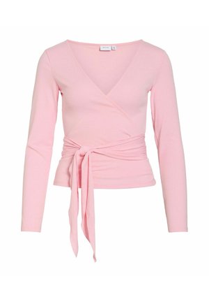 Light pink long-sleeve wrap top with V-neck and a fabric belt tied in a bow at the waist, made from soft, stretchy material.