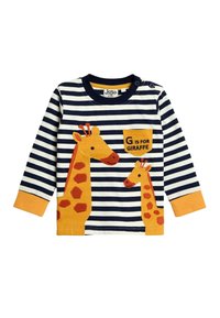 Gestreiftes Langarmshirt in Marineblau und Weiß, mit zwei gelben Giraffen in orangefarbenen Akzenten und einem Taschen-Detail mit "G steht für Giraffe".