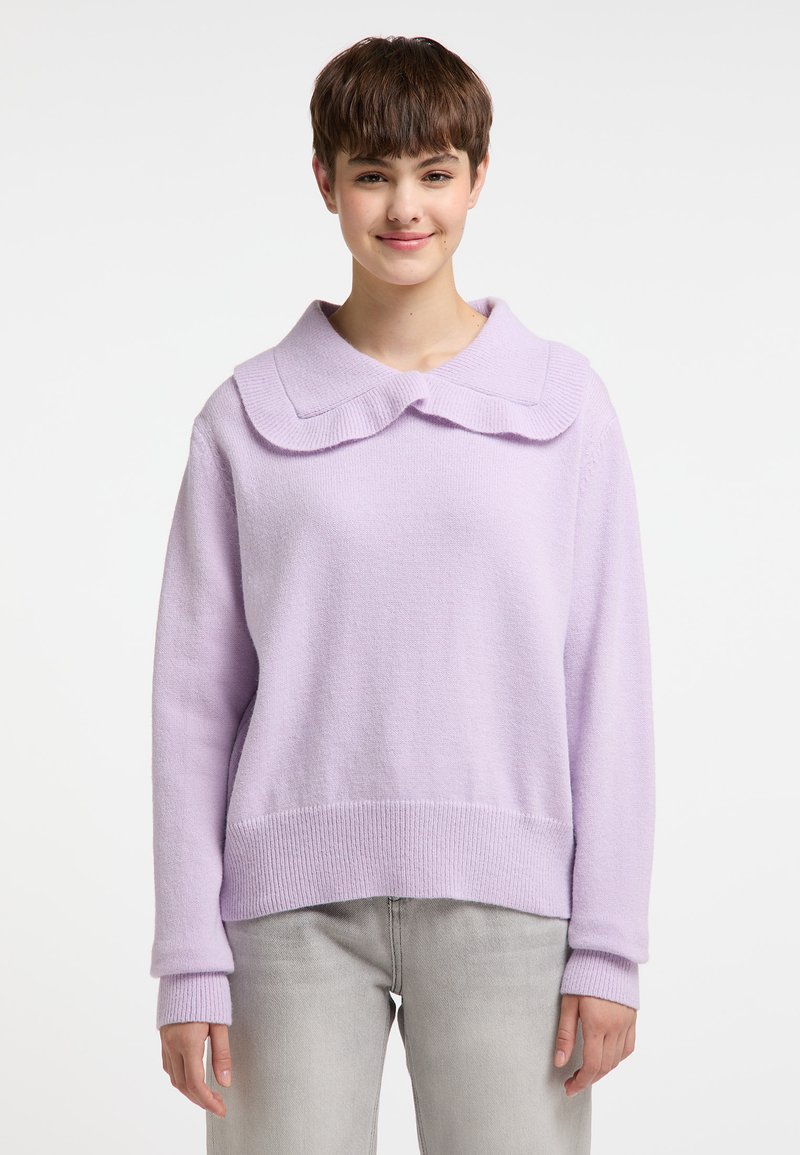 Maglione lavorato a maglia di colore lilla chiaro con grande colletto ripiegato, polsini a costine e orlo dritto. Tessuto morbido con una vestibilità rilassata.