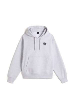 Lysegrå Vans-hoodie med frontlomme, justerbar snøre i hætten og lille sort Vans-logo på venstre bryst.