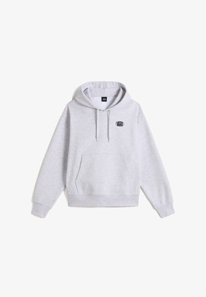 Hellgrauer Vans-Hoodie mit Fronttasche, verstellbarer Kordelzugkapuze und kleinem schwarzen Vans-Logo auf der linken Brust.