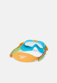 Speedo swim goggles featuring a blue lens, orange and green silicone straps, and Speedo logo on the strap. Rounded shape for comfort.