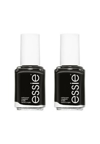 Deux flacons de vernis à ongles avec un laque noir, des bases transparentes et des caps blancs. Les étiquettes incluent le nom de la marque "essie" et les détails du produit en texte blanc.