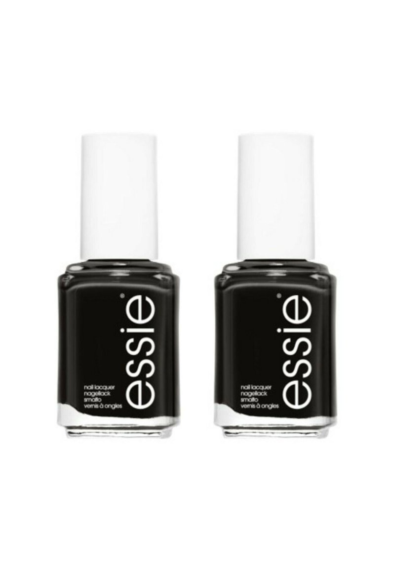 Deux flacons de vernis à ongles avec un laque noir, des bases transparentes et des caps blancs. Les étiquettes incluent le nom de la marque "essie" et les détails du produit en texte blanc.