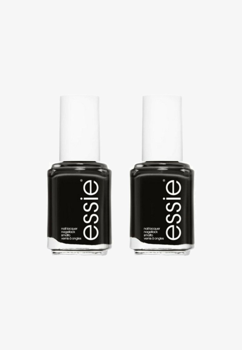 Deux flacons de vernis à ongles avec un laque noir, des bases transparentes et des caps blancs. Les étiquettes incluent le nom de la marque "essie" et les détails du produit en texte blanc.