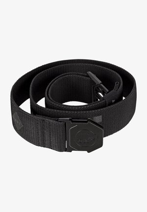 Schwarzer Nylon-Gürtel mit einer flachen, gewebten Textur und einer eleganten Kunststoffschnalle mit Logo. Er ist zur Präsentation zu einer kreisförmigen Form gerollt.