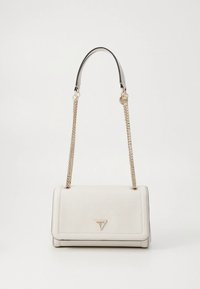 Valge käekott tekstureeritud pinnaga, kolmnurkse logoga ja sujuva disainiga. Varustatud hõbedase kettaga ning magnetilise klapiga sulguriga.