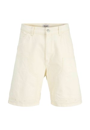 Pantaloncini color avorio fino al ginocchio con tasche applicate anteriori, passanti per cintura e chiusura con bottone in vita.