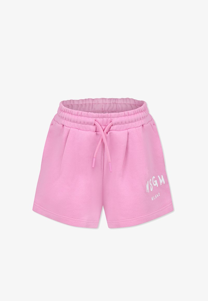Shorts rosa in cotone con vita elastica, cordino, tasche laterali e logo bianco "MSGM MILANO" sul lato sinistro.