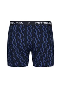 Boxer blu navy con un motivo geometrico in diverse tonalità di blu. Presentano una cintura elastica nera con la scritta "PETROL IND."