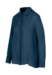 Camicia a maniche lunghe in lino blu scuro con colletto classico, chiusura frontale con bottoni e polsini abbottonati. Ha una vestibilità rilassata e una texture liscia.
