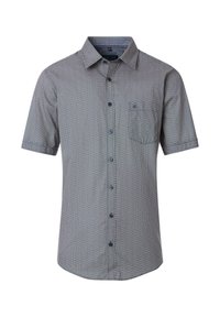 Short-sleeve button-up shirt, gray with a textured geometric pattern, single chest pocket, and dark buttons. Cotton blend fabric.