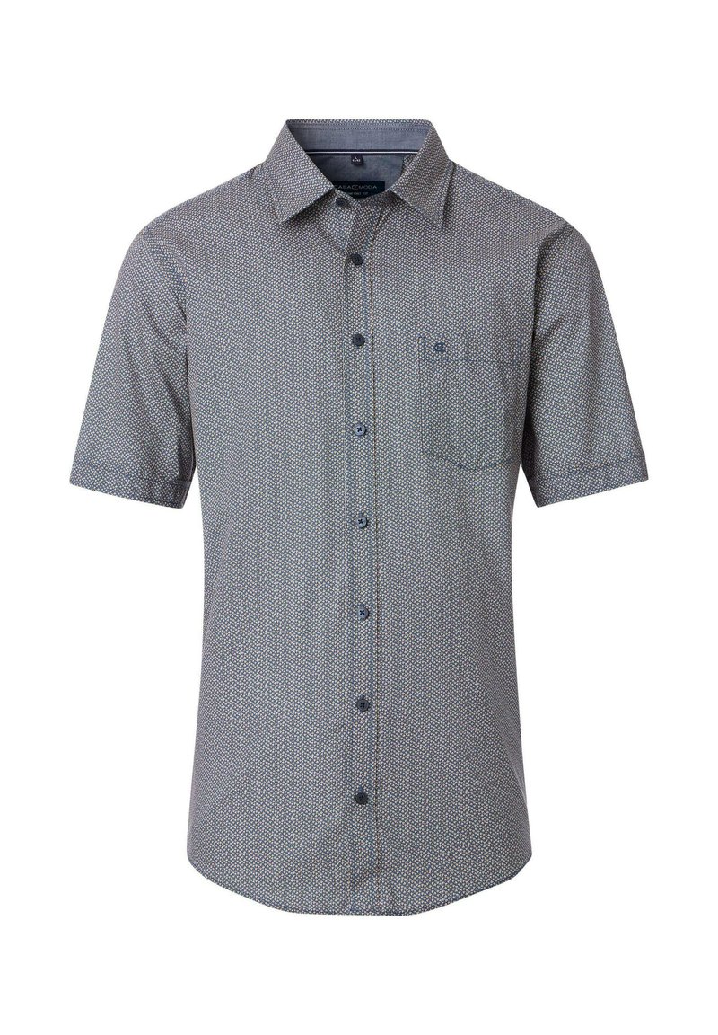 Short-sleeve button-up shirt, gray with a textured geometric pattern, single chest pocket, and dark buttons. Cotton blend fabric.