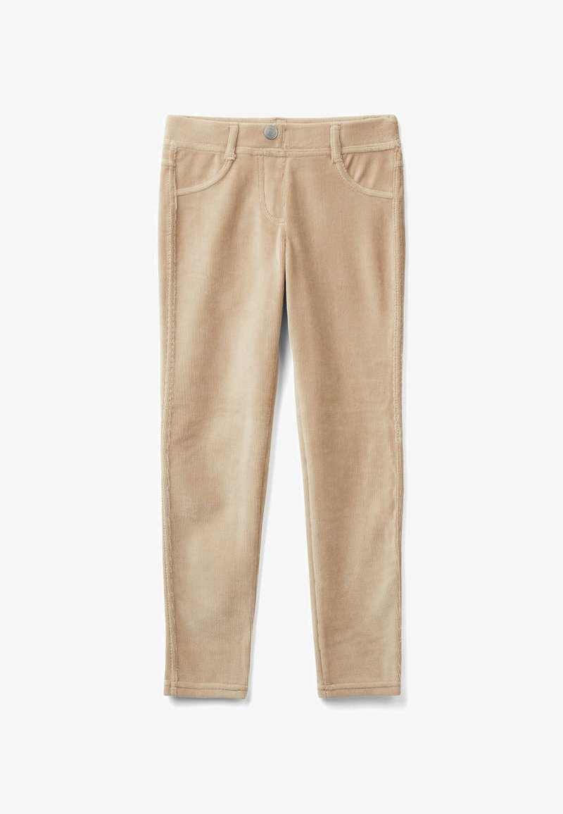 Pantalons en velours côtelé beige avec une coupe slim, présentant des poches avant, un petit bouton en métal à la taille et une texture à côtes verticales.