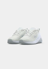 Lys grå træningssko med et åndbart mesh-overdel, hvide detaljer, rund tå og struktureret sål med et Nike-logo.