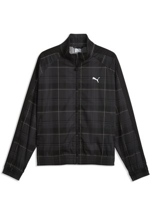 Sort jakke med fuld lynlås og subtilt gråt ternmønster, elastiske manchetter og kant samt hvidt Puma-logo på venstre bryst.