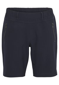 Pantaloni corti blu navy con cintura elastica, passanti per cintura e tasche laterali con zip.