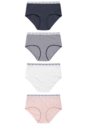 Vier paar vrouwen katoenen slips: donkerblauw, wit en twee gestreepte (marineblauw/wit, roze/wit) met merkwaistbanden.