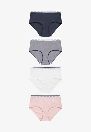 Četiri para ženskih pamučnih gaćica: tamnoplave, bijele i dva prugaasta (mornarsko plava/bijela, ružičasta/bijela) s brendiranim pojasom.