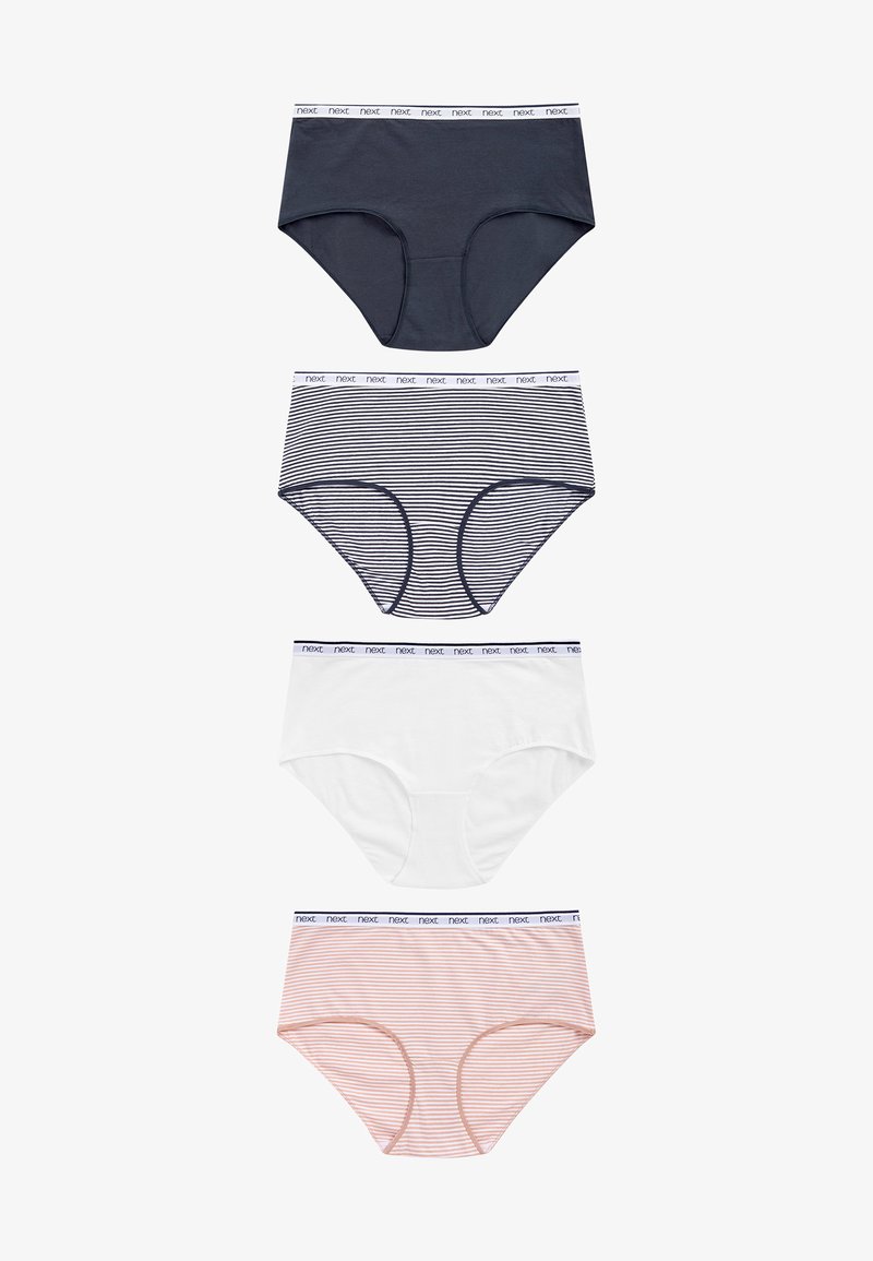 Vier paar vrouwen katoenen slips: donkerblauw, wit en twee gestreepte (marineblauw/wit, roze/wit) met merkwaistbanden.