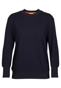 Navy blue sweatshirt made of soft cotton, featuring a round ribbed neckline and long sleeves with ribbed cuffs. No patterns or accents.