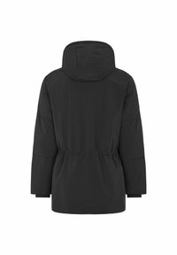 Svart vadderad jacka med dragsko i midjan, huva och vida �ärmar. Har ett slätt, något texturerat tyg och en enkel design.