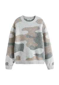 Gray sweater with a camouflage pattern in hues of beige, light gray, and dark gray. Features a round neckline and ribbed cuffs. Soft texture.