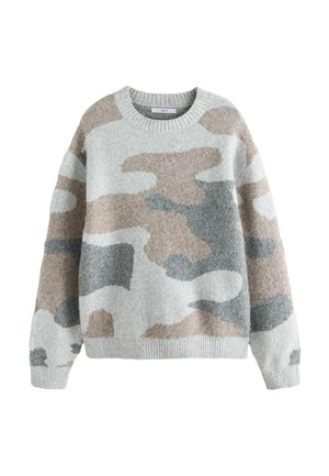 Gray sweater with a camouflage pattern in hues of beige, light gray, and dark gray. Features a round neckline and ribbed cuffs. Soft texture.