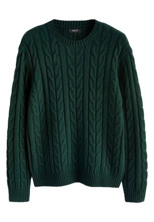 Mann trägt dunkelgrünen, kabelgestrickten Pullover mit geripptem Rundhalsausschnitt und strukturierten, verdrehten Mustern auf dem Stoff.
