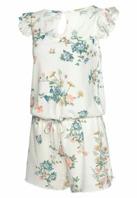 Floral romper in white cotton blend with short ruffled sleeves, drawstring waist, and a keyhole back. Features multicolored floral print.