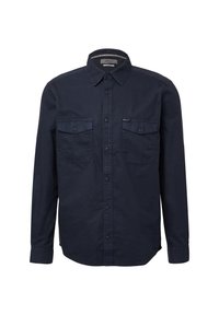 Marineblauw overhemd met lange mouwen van katoen, voorzien van een button-down kraag, twee borstzakken en een rechte zoom met lichte zijsplitten.