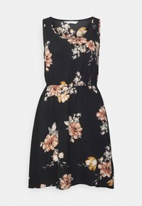 Schwarzes ärmelloses Kleid mit floralem Muster in Rosa, Weiß und Gelb. Glatter Stoff mit elastischem Bund für eine angepasste Silhouette.