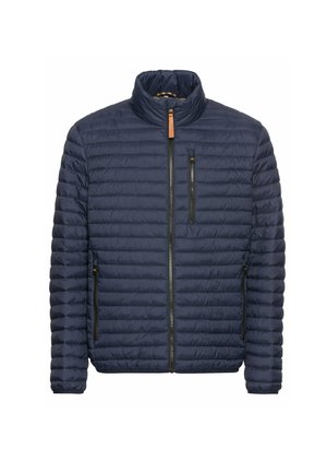 Marineblauer, gesteppten Daunenjacke mit Stehkragen, vorderen Reißverschlusstaschen und Reißverschluss. Strukturierte Oberfläche mit horizontalen Nähdetails.