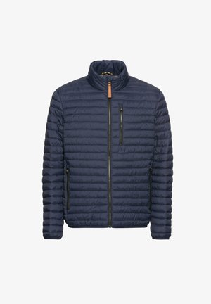 Marineblauer, gesteppten Daunenjacke mit Stehkragen, vorderen Reißverschlusstaschen und Reißverschluss. Strukturierte Oberfläche mit horizontalen Nähdetails.