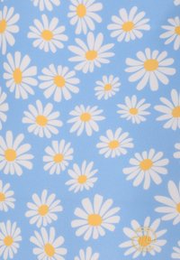 Blauer Hintergrund mit verstreuten weißen Gänseblümchen, die gelbe Mittelpunkte haben. Enthält ein kleines gelbes Logo in der unteren rechten Ecke.