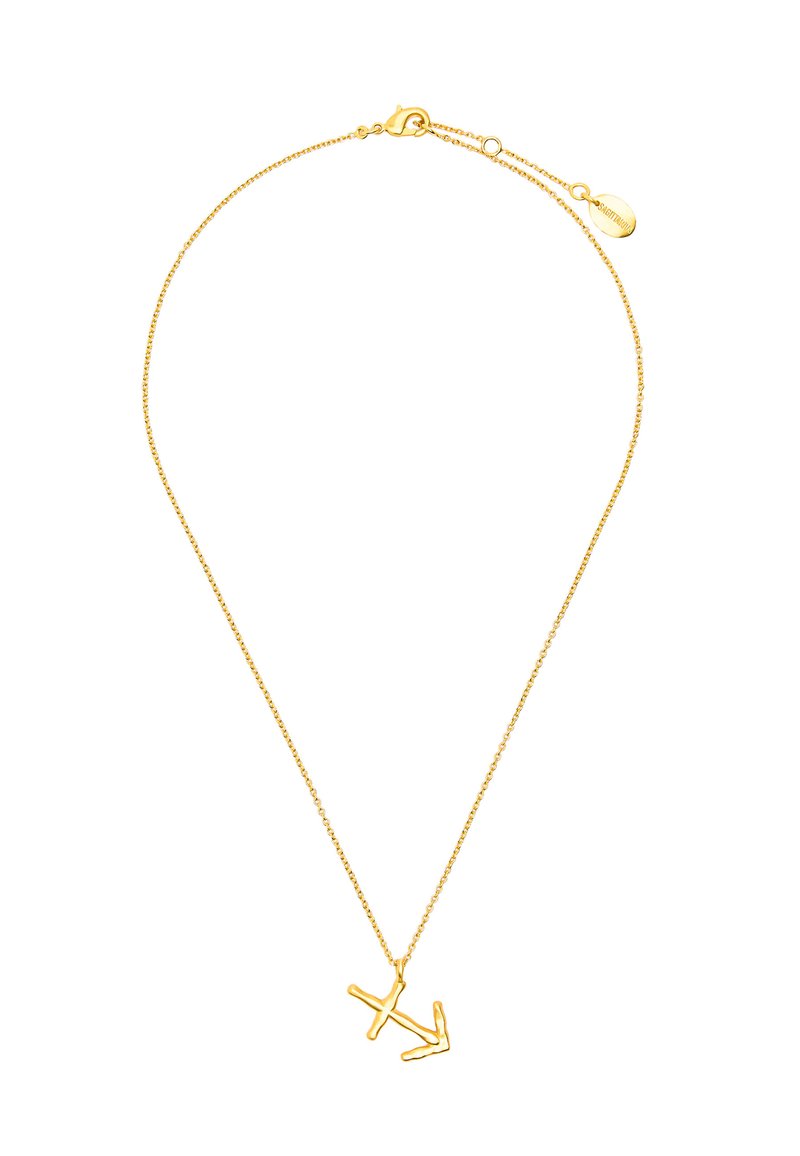 Złoty łańcuszek naszyjnik o minimalistycznym designie z abstrakcyjnym wisiorkiem w kształcie litery. Łańcuszek zawiera zapięcie typu lobster oraz regulowaną długość.