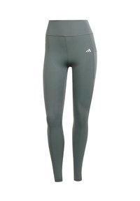 Leggings sportivi di colore verde smorzato, realizzati in materiale elasticizzato, dotati di una vita alta e di una tasca laterale. Logo Adidas sulla parte anteriore.