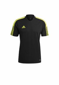Černé sportovní tričko Adidas s krátkými rukávy, neonově žluté pruhy na ramenou a koncích rukávů a s logem Adidas na hrudi.
