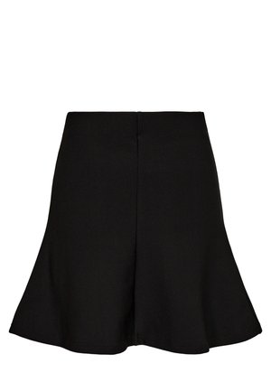 Sort flared mininederdel med høj talje og glat stof, designet til et tætsiddende look omkring hofterne og en subtil flare ved kanten.