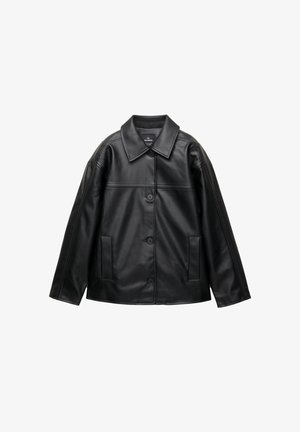 Black leather jacket with a collar, front button closure, two side pockets, and a slightly loose fit. Smooth texture with visible seams.