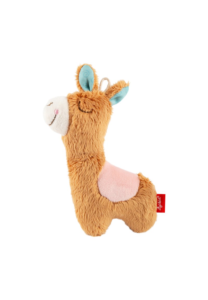 Brown plush llama toy with pink accents, blue inner ears, and a white face. Features soft, textured fabric and a small red tag.