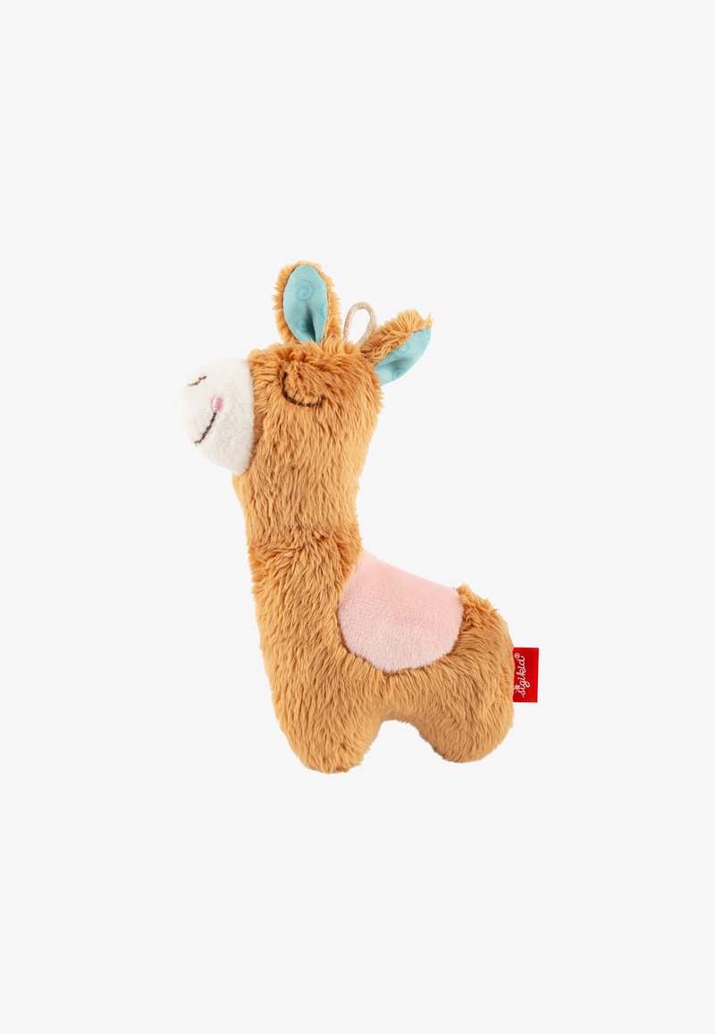 Brauner Plüsch-Lama-Spielzeug mit pinken Akzenten, blauen Innenohren und einem weißen Gesicht. Verfügt über einen weichen, strukturierten Stoff und ein kleines rotes Etikett.