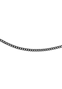 Zwarte metalen ketting met in elkaar grijpende schakels, met een gladde afwerking en een uniform patroon. Flexibel ontwerp geschikt voor verschillende toepassingen.