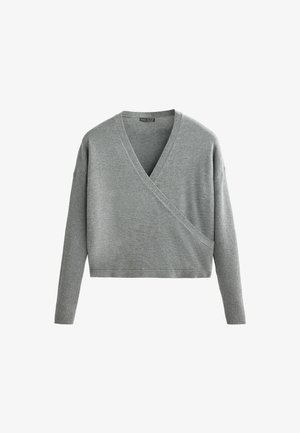 Grå strikket cardigan med dyb V-hals, ribbede ærmer og cropped længde. Glat tekstur med et minimalistisk design.