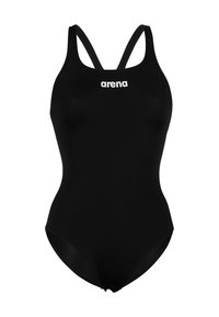 Maillot de bain une pièce noir avec des bretelles fines et réglables. Présente un logo "arena" blanc sur le devant. Fabriqué dans un tissu lisse et extensible.