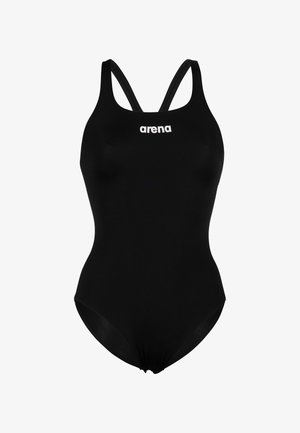 Černé jednodílné plavky s tenkými, nastavitelnými ramínky. Na přední straně se nachází bílé logo "arena". Vyrobeno z hladkého, elastického materiálu.