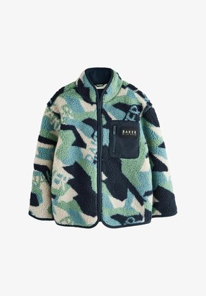 Zöld, kék és krémszínű polárdzseki absztrakt mintával. Cipzáras elülső rész, lekerekített gallér és logóval ellátott mellzseb jellemzi.